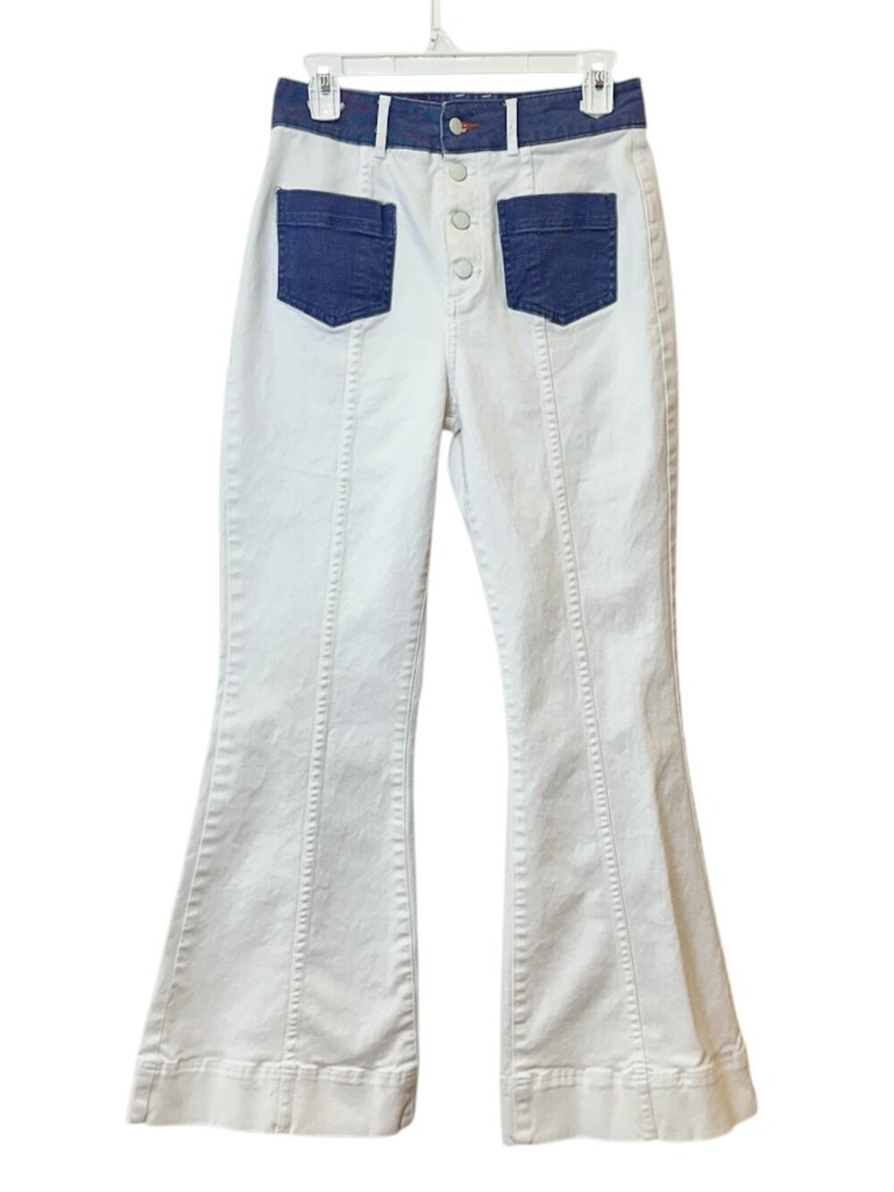 Faherty White Denim LouLou Jeans Pant Super Flare Blue Pockets Button Fly Sz 28